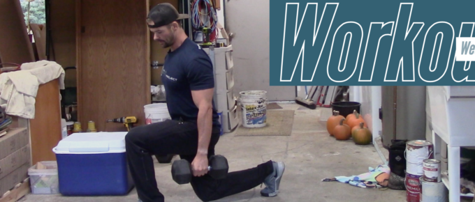 Dumbbell Dilemma by Joe Bauer doing lunges in the garage