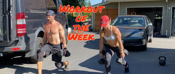 Workout of the Week - 3 for 3 with Joe Bauer and Emily Kramer doing lunges in front of their sprinter van.