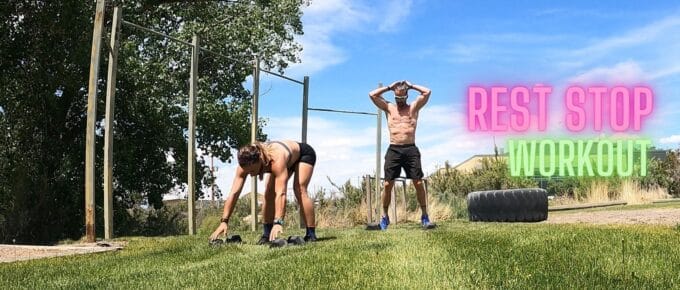 Emily and Joe doing a rest stop workout in colorado with shirts off in the sun
